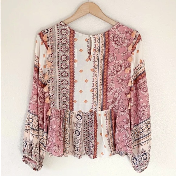 AEO Embroidered Balloon Sleeve Tassel Peasant Patchwork Peplum Top - Picture 5 of 11